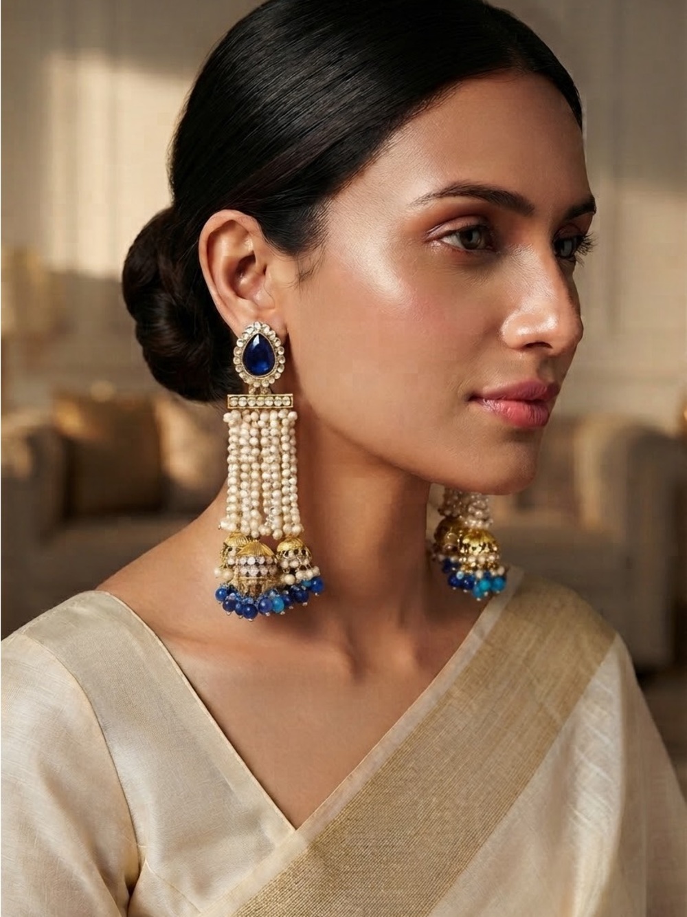 Pearl Tassel Earrings with Blue Stone and Gold Accents - Women Jewelry